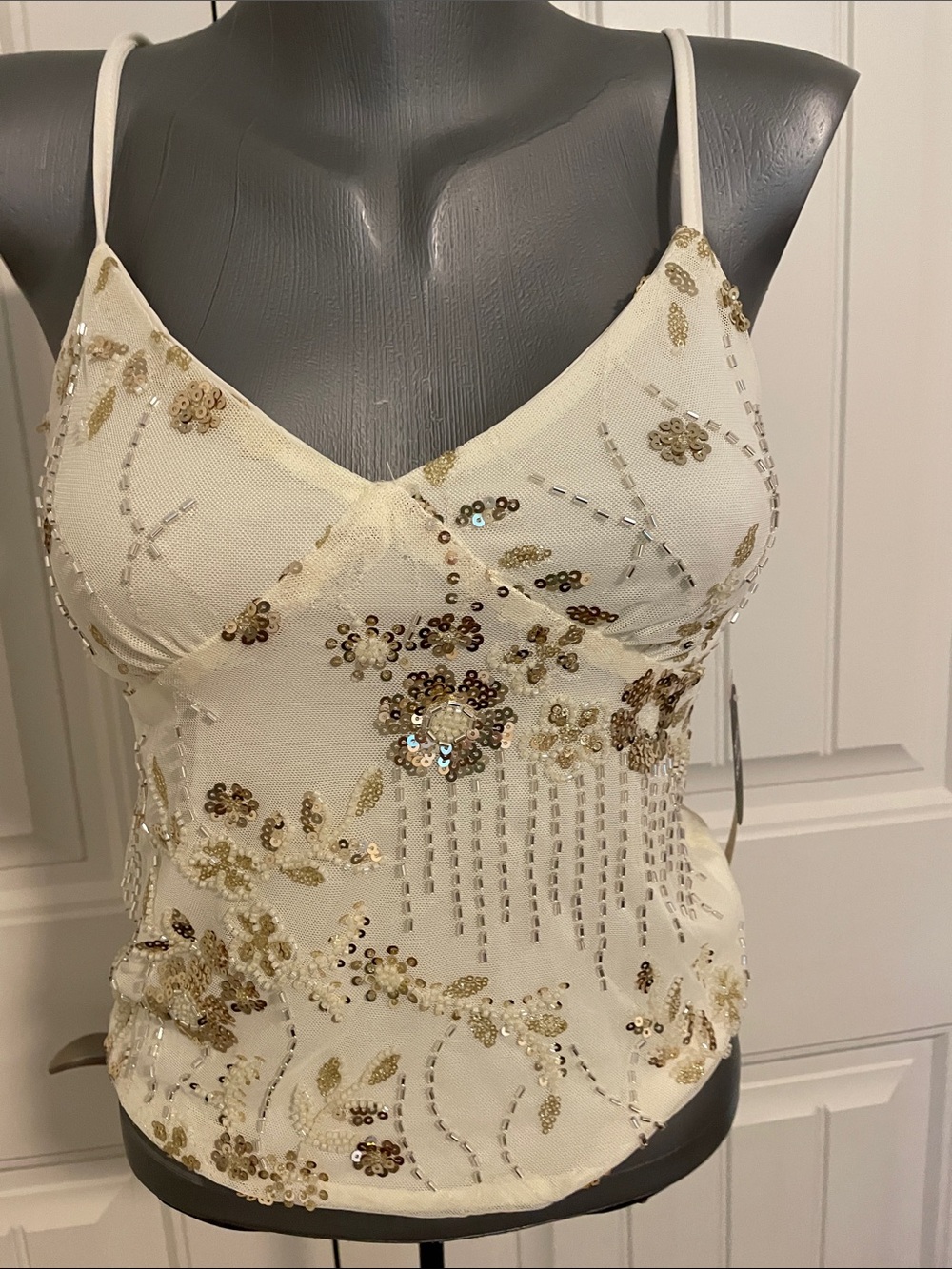 Cream Sequin & Bead Embellished Spaghetti Strap Cami